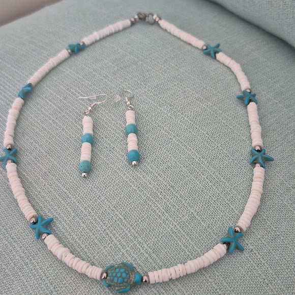 Natural Shell Rings Necklace & Earrings With Turquoise Stars &Turtle - Picture 5 of 5